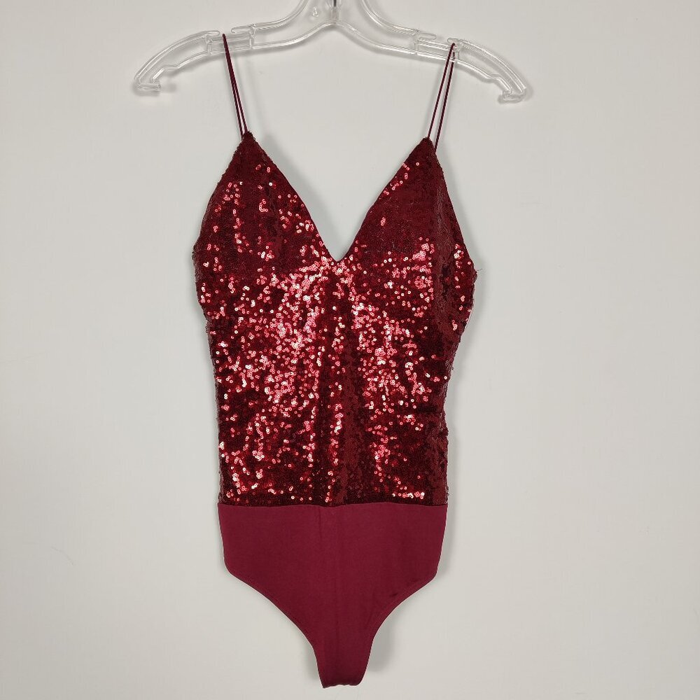 Revamped Women's Bodysuit Size S Red Sequin Thong V Neck Cocktail Sexy Feminine